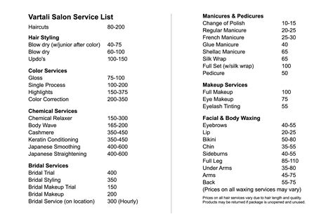 salon services list templates  allbusinesstemplatescom
