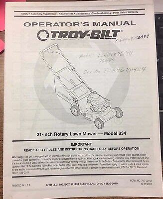 troy bilt operators manual   rotary lawn mower model  ebay