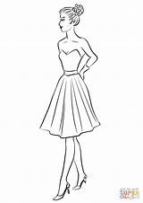 Coloring Dress Woman Cocktail Pages 1950 1950s Drawing Fashion sketch template