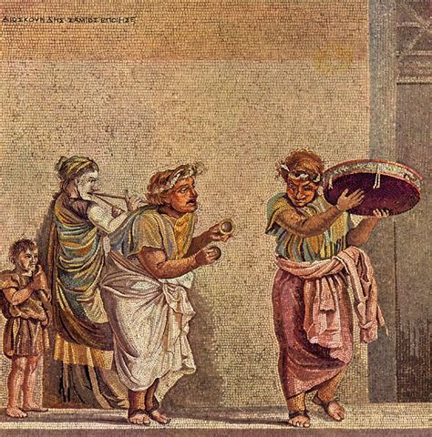 roman mosaic of a street scene with musicians from the villa del cicerone in pompeii art