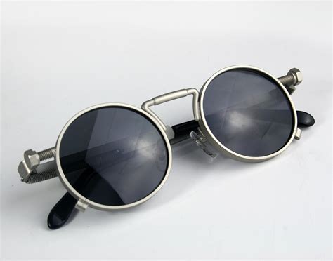 Round Steampunk Sunglasses Metal Frame Spring On Temples Silver Hi