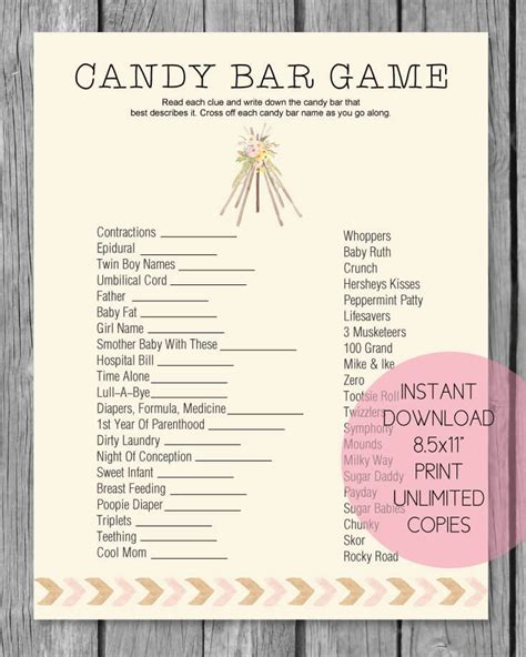 candy bar game  printable  templates printable
