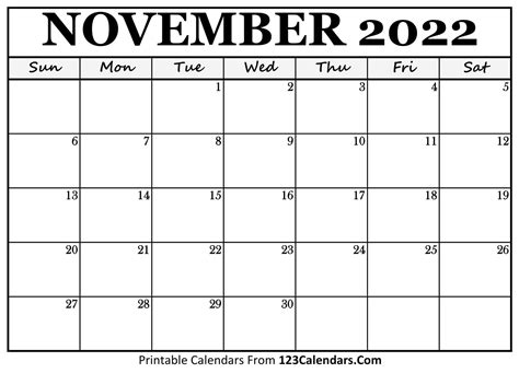 printable november  calendar templates calendarscom