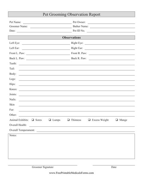 pet grooming observation report form  printable