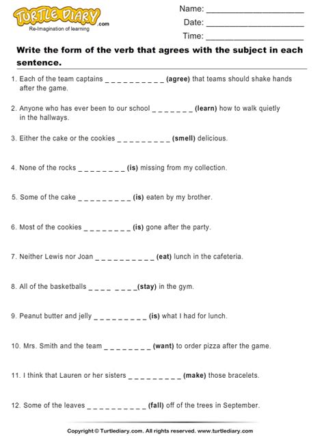 write  form  verb   sentence turtle diary worksheet