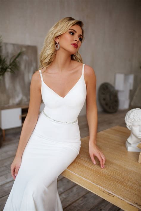 tight wedding dress crepe sleek silhouette minimalist bridal gown
