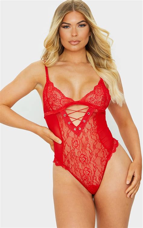 red lace  cut  lace body lingerie prettylittlething