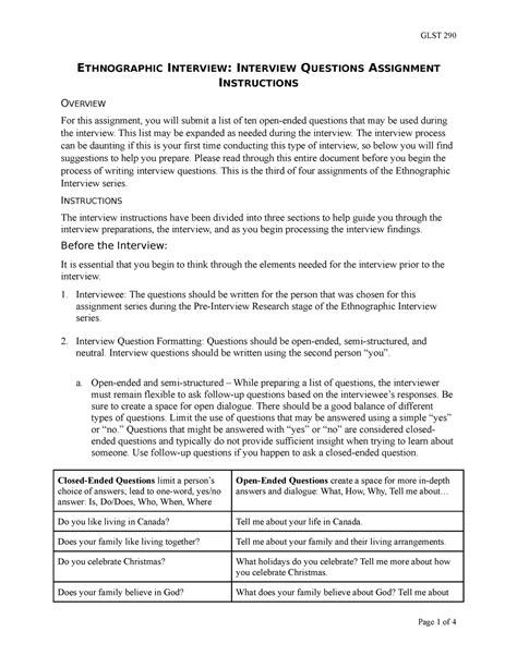 ethnographic interview interview questions assignment instructions