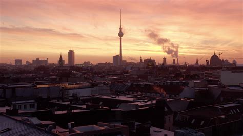 stock footage aerial  berlin city skyline  sunsetsunrise