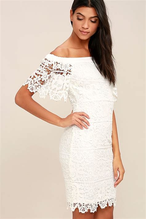 sexy white midi dress lace dress   shoulder dress