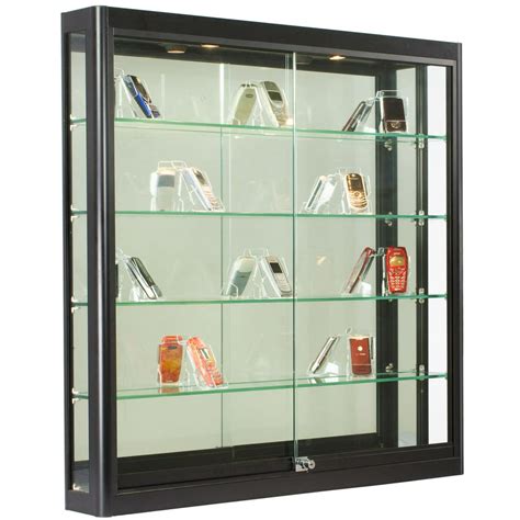 wall mounted black aluminum glass display cabinet illuminated