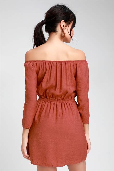 Cute Rusty Rose Dress Button Front Dress Off The Shoulder