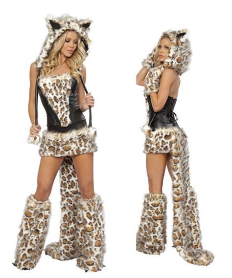 Sexy Woman Leopard Furry Wolf Costume Dress With Cap Gloves And