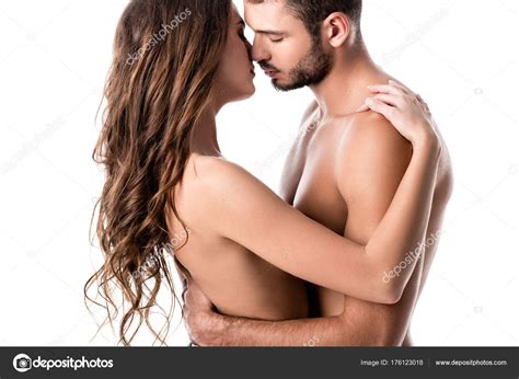 Side View Sensual Half Naked Couple Kissing Isolated White
