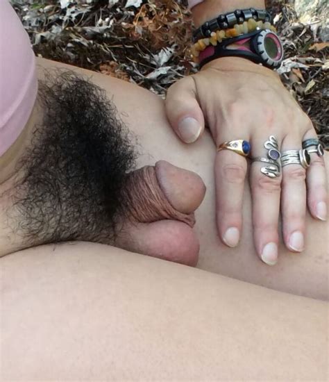 tiny dick sissy crossdresser shows her hairy bush in the woods fetish porn pic