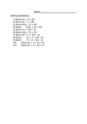 solving equations worksheet teaching resources