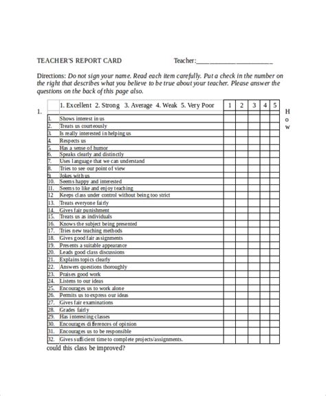 sample report card templates   ms word