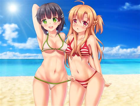 2girls Beach Bikini Black Hair Blonde Hair Fast Runner