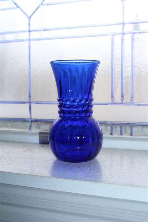 Art Deco Cobalt Blue Glass Vase With Ribs Vintage 1940s