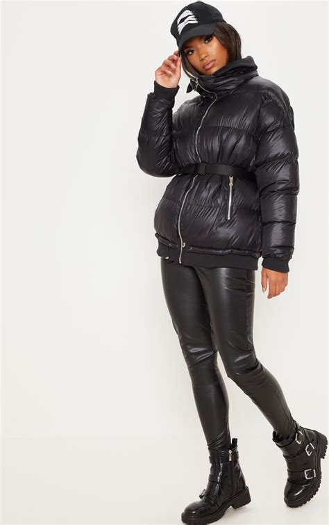 black oversized puffer jacket  zip pockets prettylittlething