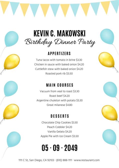 birthday dinner template  customize birthday menu birthday dinners