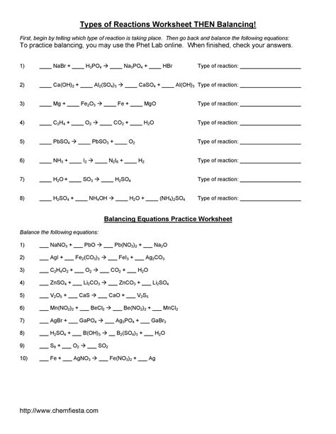 balancing worksheet  balancing chemical equations  answers chem