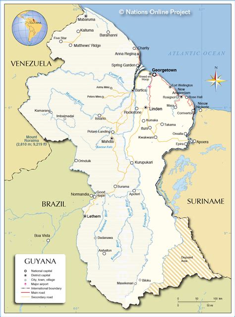 large detailed political  administrative map  guyana  roads
