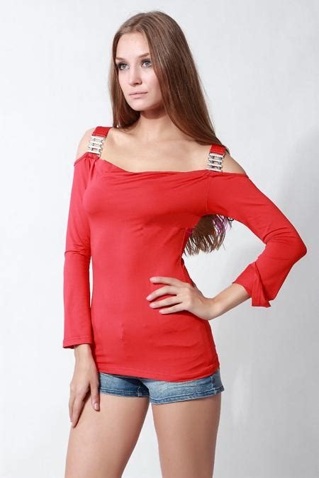 Sexy Off Shoulder Red Full Long Sleeves Tight T Shirt Shirts For Night
