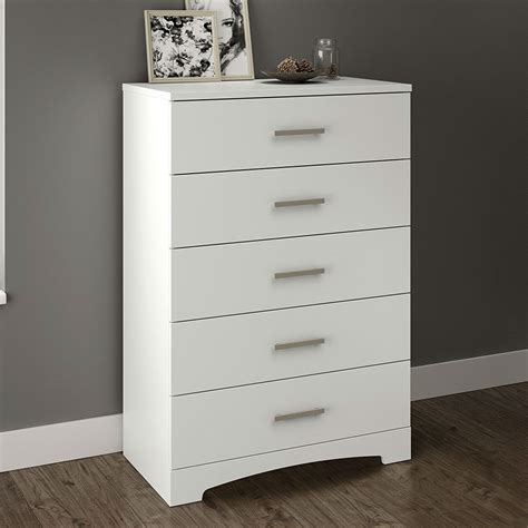 white  drawer bedroom chest  brushed nickel finish handles