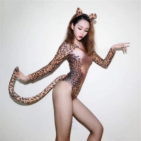 Female Sexy Leopard Printing Costumes Leotard Sparkly Stones Jumpsuit
