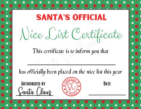 printable santa  official nice list certificate printable templates