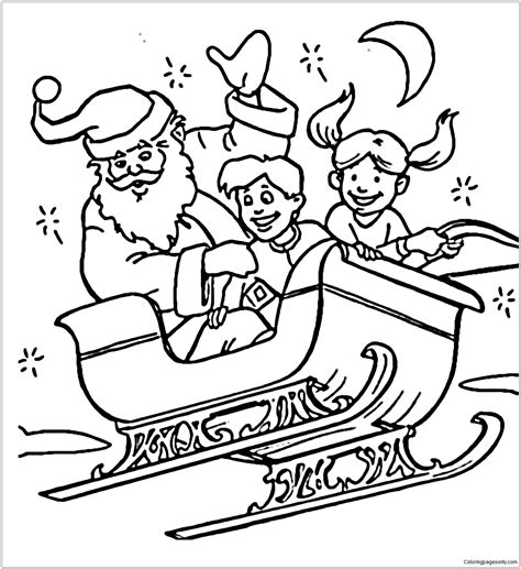 santa claus  children flying  sleigh coloring page