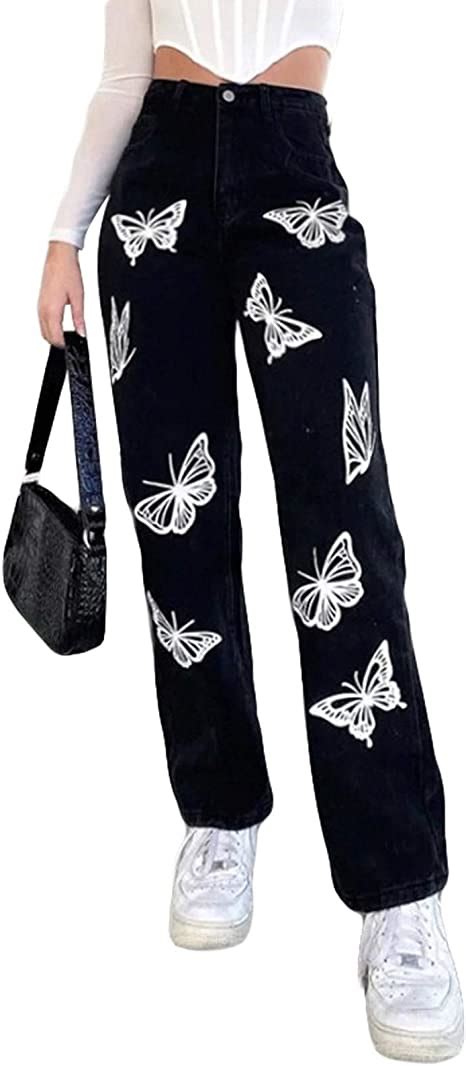 las mujeres de cintura alta recta pantalones vaqueros de mariposa de mezclilla  girl bolsillo