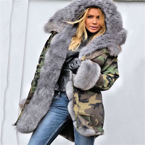 hooded parkas  faux fur collar camouflage coats fashion winter warm