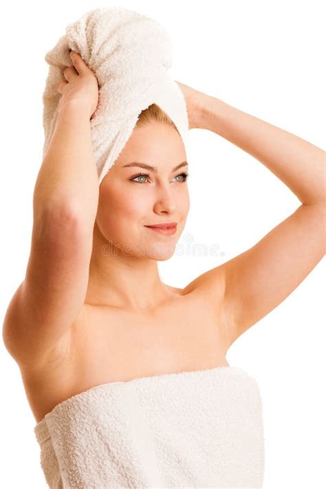 Beautiful Blonde Woman Wrapped In Towel After Bath Isolated Over Stock