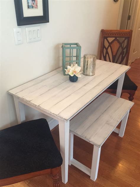 small farmhouse table  small room bench  distressed white washed