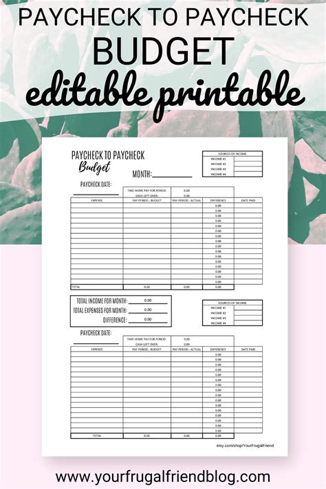 paycheck  paycheck budget printable printable templates