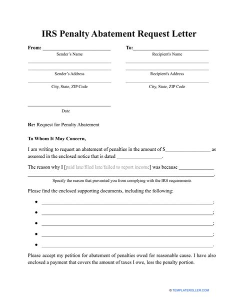 irs penalty abatement request letter template  printable
