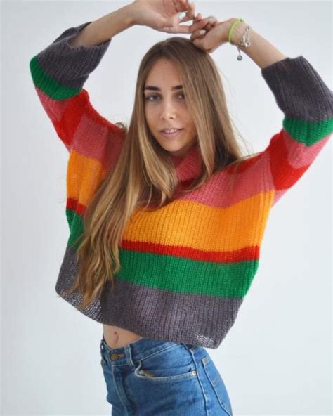 Rainbow Mohair Striped Sweater Multicolor Cropped Turtleneck Sweater