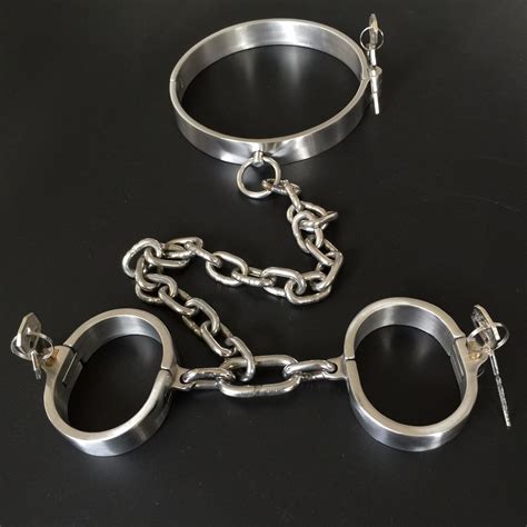 buy 2pcs set bondage collar handcuffs for sex steel