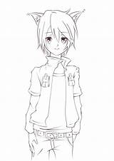 Anime Boy Wolf Coloring Drawing Lineart Cute Pages Boys Male Cat Guy Ears Base Names Guys Drawings Hoodie Manga Kitten sketch template