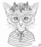 Coloring Pages Hipster Cat Girl Printable Adults Kids sketch template