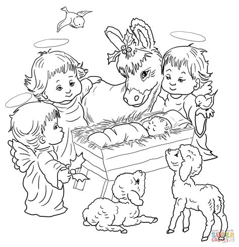 nativity scene  cute angels  animals coloring page