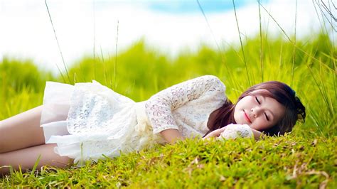 White Dress Brunette Asian Long Hair Field Sleeping Wallpaper