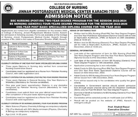 Jinnah Post Graduate Medical Center Admissions 2022 For Bs Nursing 2024