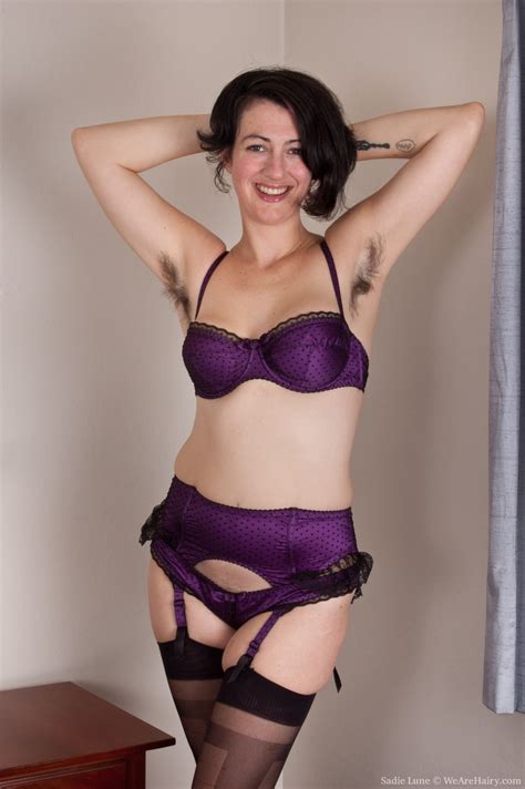hairy girl sadie lune strips in purple lingerie
