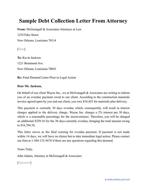 sample debt collection letter  attorney fill  sign