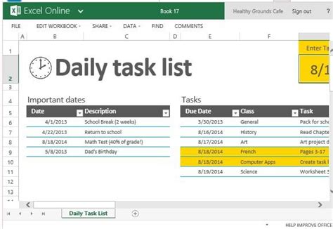 daily task list template  excel