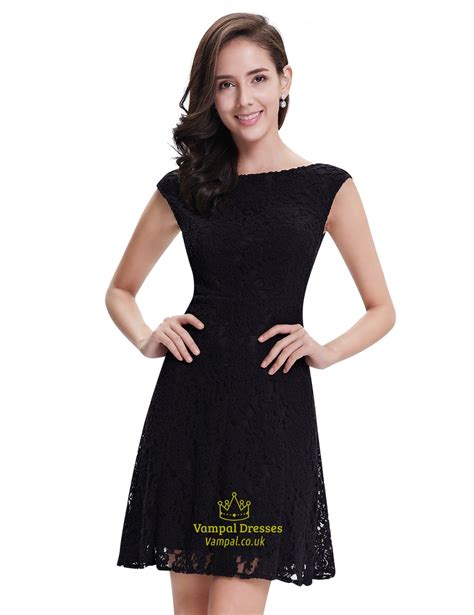 elegant black lace short semi formal dresses with cap sleeves vampal