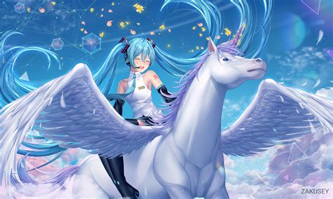 hatsune miku rides   beautiful winged unicorn hatsune miku photo